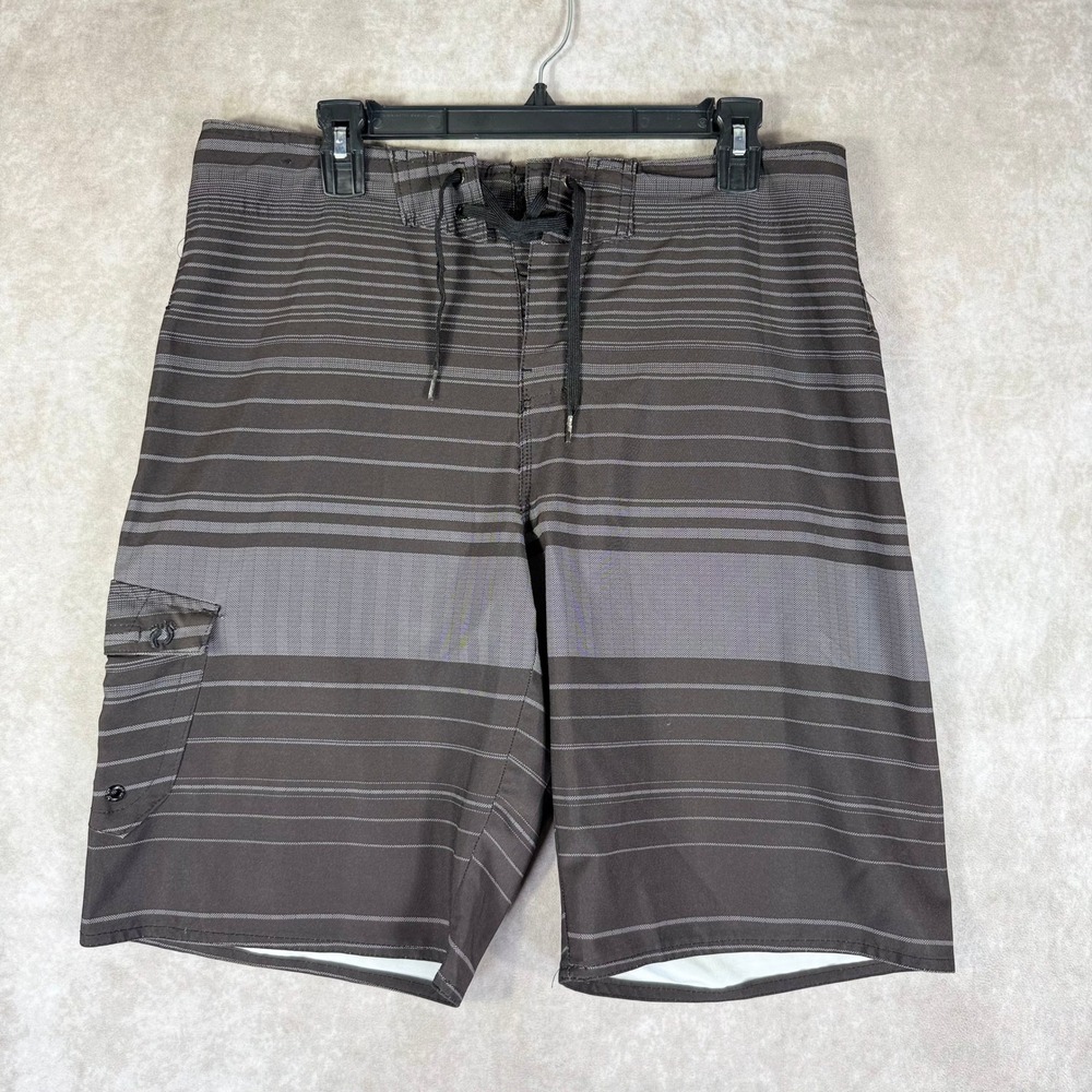 Hang Ten Board Shorts Mens 34 Grey Striped Cargo Pocket Swim Trunks HTY13S5028